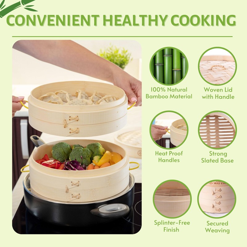 2 Tier Bamboo Steamer- 10" Baskets With Handle, Silicone Liner,