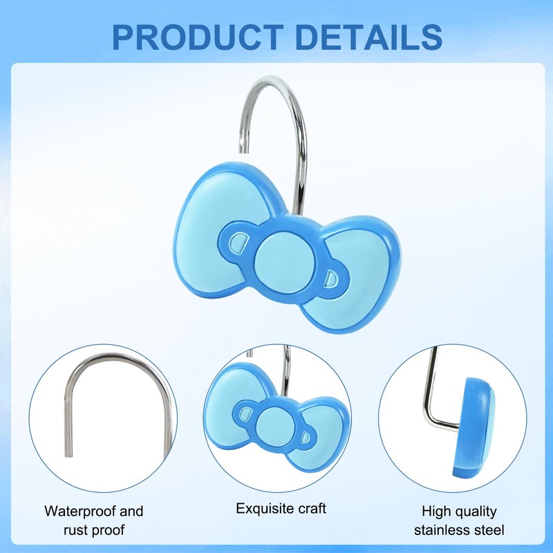 CTOHN 12-Piece Blue Bow Shower Curtain Hooks, Cute Stainless Steel