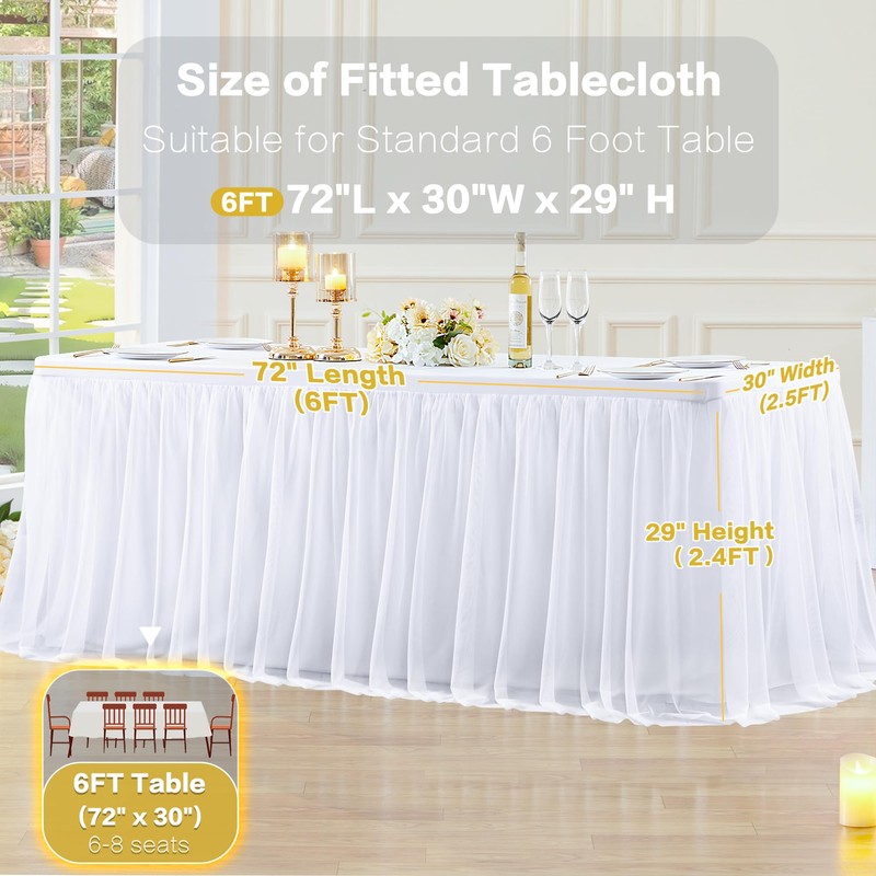 White Table Cloth for 6 Foot Rectangle Tables, White Tulle