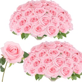 LELEE Artificial Roses Bulk Pink Silk Rose with Stem, 52pcs Fake Flowers Decoration for Wedding Table Centerpieces Bridal Bouquet Home Decor