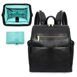 MOMINSIDE Diaper Bag Backpack, Leather Backpack with 16 Pockets for Mom Dad, Baby Registry Search, Fits 15 Inch Laptop, 4 Insulated Pockets, Silver Zipper, Black