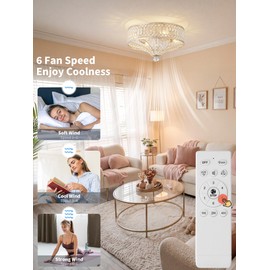 20" Gold Crystal Fandelier Ceiling Fans with Lights, Caged Low Profile Ceiling Fan with Light Remote Control with 6 Speeds for Bedroom, Nursery, Living Room