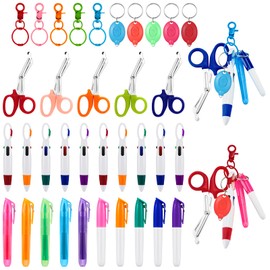 Jecery 150 Pcs Mini Highlighter Nurse Pen Set Badge Reel Pen Nurse Badge Accessories Tip Highlighter Marker Pen Retractable 4 in 1 Ball Pen LED Flashlights Keychain Scissors for Office School Supplies