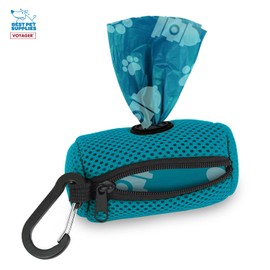 Best Pet Supplies Dog Poop Bag Holder Leash Attachment with 15 Bags, Turquoise, Reusable Mesh Dispenser Pouch for Travel, Walking, Park, and Outdoor Use, Soft and Durable with Clip-On