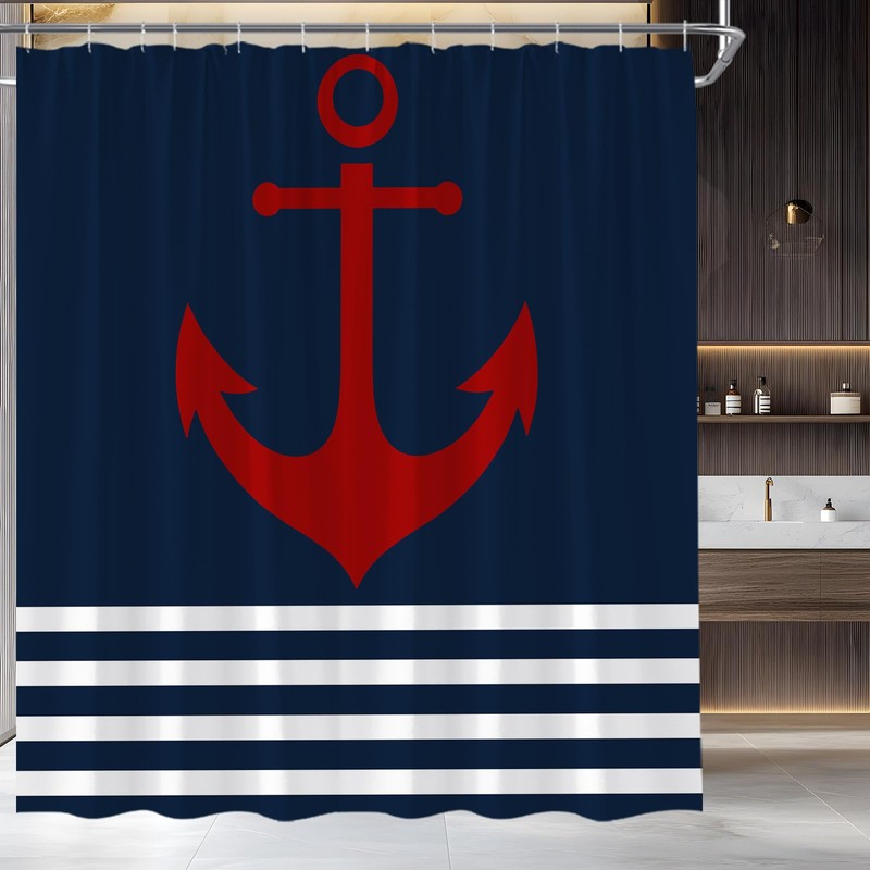 UEAUUN Navy Blue and White Striped Shower Curtain Anchor, 70x70