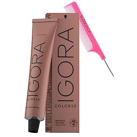 Sleekshop Comb + Igora COLOR10 Ten Minute Schwarzkapf Professional Color 10 PERMANENT Creme Hair Color Dye, 100% Coverage Cream Haircolor, Newest 2023-2024 Version (with SLEEKSHOP Argan-Oil Infused PINK Rat Tail Steel Pin Comb) (4-00 Medium Brown Natural