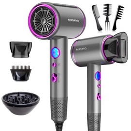 Secadora de Cabello Profesional BURUNA 2000W Iónica de Secado Rápido, Secadora de Pelo con Difusor Grande, 2 Boquillas y 3 Peines de Estilizado, 3 Temperaturas, 2 Velocidades, Gris Oscuro