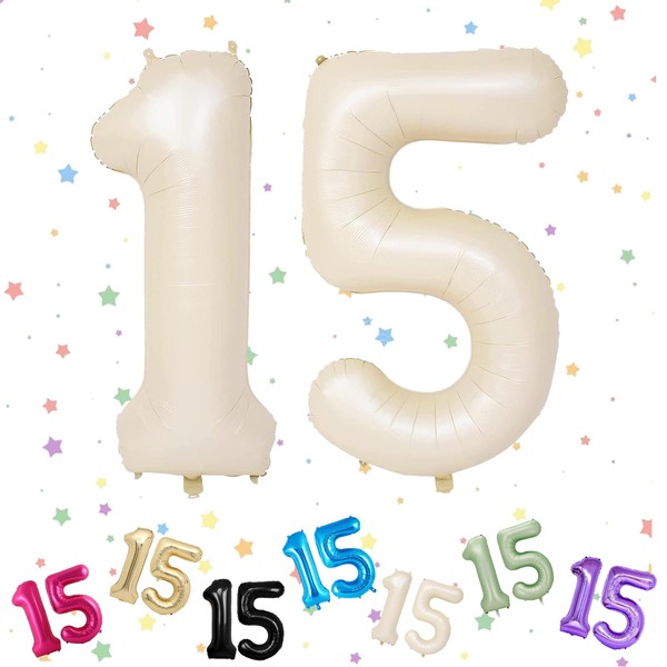 15th Birthday Balloons - Cream 15 Number Foil 40" Digital