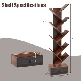 Tangkula 10 Tier Tree Bookshelf with Drawer, Rustic 10 Shelf Space Saving Corner Bookcase, Retro Wooden Organizer Shelves for Books/CDs/Movies, Display Shelf for Home Office (Brown, 10 Tier)