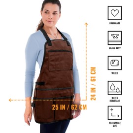 Under NY Sky Tool Apron - 20 Pockets and Slots, Cross-Back, Heavy-Duty Waxed Canvas - Woodwork, Garden, Shop (Brown Cross-Back)