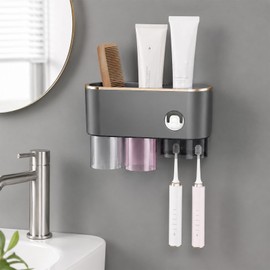 Bathroom Toothbrush Holder —Wall-Mounted Toothbrush Organizer (with Automatic Toothpaste Dispenser), Magnetic Rinse Cup Design, No-Drill Bathroom Vanity Storage Tray (Gunmetal Gray (2 Cups))
