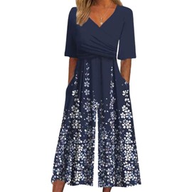 XNC Women's Casual Jumpsuits 2025 Summer Trendy Wrap V Neck Short Sleeve Wide Leg Pants Floral Print Rompers with Pockets