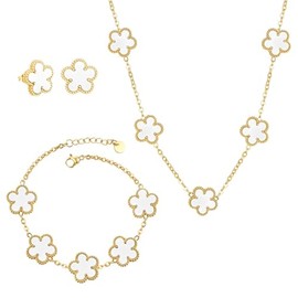 CJL CANKIRA 3PCS 18K Gold Plated Leaf Clover Lucky Jewelry Set for Her - Trendy Four Leaf Clover Necklace Bracelet Earrings Set Dainty Jewelry Gift for Women, Medium, Stainless Steel, No Gemstone