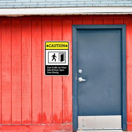 Portrait Round Plus Caution Foot Traffic On Other Side Of Door. Open Door Slowly. Wall or Door Sign | Safety Signage - Large