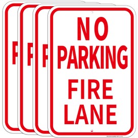 4 Pack Fire Lane No Parking Signs -12" x 18" Aluminum No Parking Fire Lane Sign for Business, With Reflective Overlay, Rust Free, Weather Resistant- Easy to install