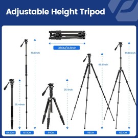 Fotopro 59" Carbon Fiber Travel Tripod, Compact Camera Tripod with Fluid Head, Detachable Monopod with Quick Release Plate and Bag, Video Tripod Load up to 8KG/17.63lbs