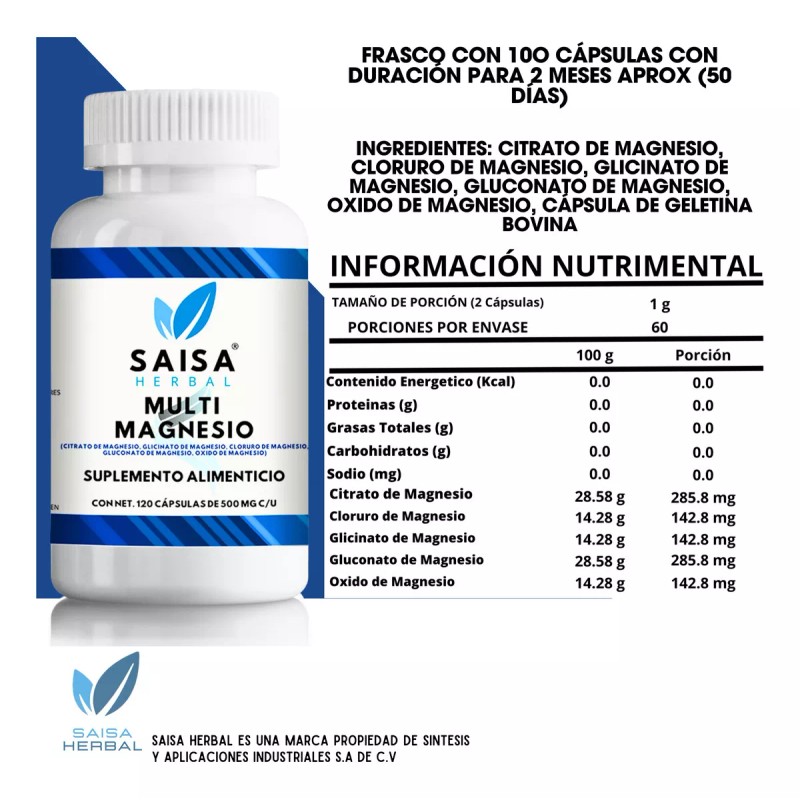 Saisa Herbal Citrato De Magnesio + Glicinato Cloruro Gluconato 120
