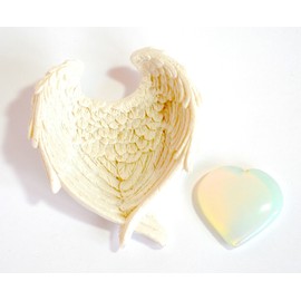 Reiki Healing Energy Charged Small Opalite Crystal Heart (2.5 cm) in White Angel Wings Dish