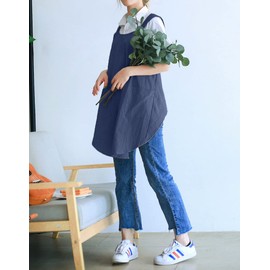 losofar Soft Cotton Linen Apron Cross Back X-Shaped Japanese Style Pinafore Dress for Cooking, Housewarming, Daily Chores (darkblue, (28.3"x 35.4"))