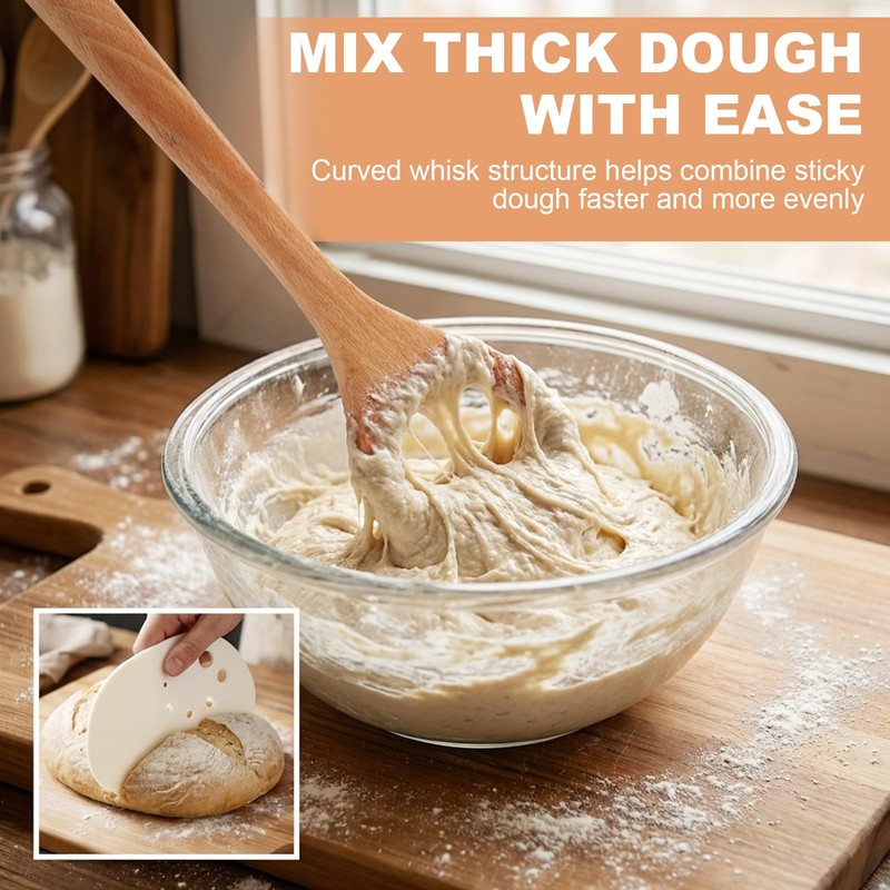 Wooden Danish Dough Whisk Set, 12 inch Dough Mixer with