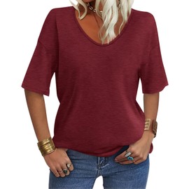 EasyGala Women's V Neck Tops Elbow Length Shirts Loose Fit Summer Tops Basic Tees 2024 (Half Sleeve) A Red Medium