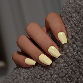 KQueenest Light Yellow Press On Nails Short - Summer Press On Nails Coffin, Sheer Pastel Yellow Medium Fake Nails with Glue, Glossy Opaque, Ballerina Reusable Soft Gel Glue on Nails for Women, 30 Pcs