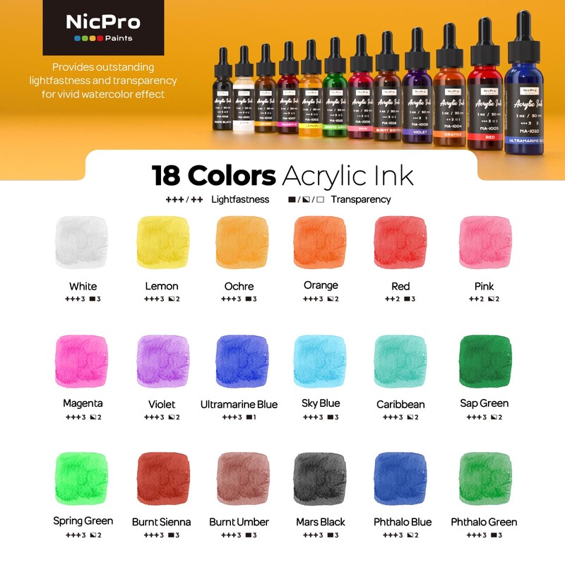 Nicpro 18 Colors Acrylic Ink, 1-oz(30ml) Bottle with Dropper, Quick