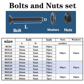 huruirui M5 M6 M8 Nuts and Bolts Washers Assorted Set, Black Hex Flat Head Screws Bolts and Nuts Kit, Thread Machine Hex Bolt Set Fastener Repair Tools Assortment Kit with 3 Wrench 310pcs