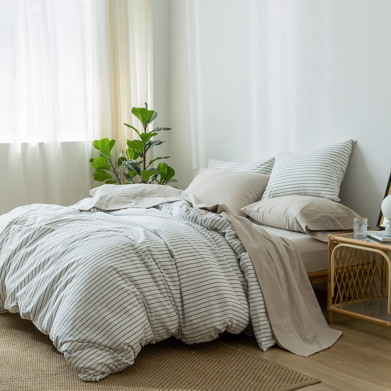 MooMee Bedding Sheet Set 100% Washed Cotton Linen Like Textured