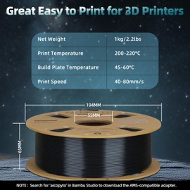 AICOPYTO Silk Black PLA Filament 1.75mm, 3D Printer Filament Silk PLA 1KG Spool (2.2lbs) Dimensional Accuracy Probability +/- 0.02mm Fits for Most FDM 3D Printers - Black PLA Silk