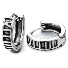 Pair Mens Womens Stainless Steel Grooved Huggie Hinged Hoop Earrings with Roman Numerals（CA）