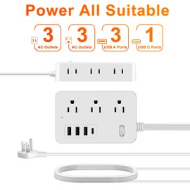 10Ft Surge Protector Flat Extension Cord Flat Plug Power Strip, 6AC Outlets, 4 USB Charger(1 USB C Port), 1700 Joules Protection, Office Supplies, Dorm Room Essentials