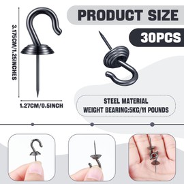 Hotop 30 Pieces Push Pin Wall Hooks Metal Thumb Tack Hangers Iron Alloy Nail Decorative Picture Hooks for 20 Lbs Home Office School Party Supply (Black)
