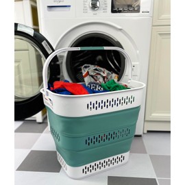 SAMMART 40L (10.5 Gallon) Collapsible Plastic Laundry Basket with Handles - Foldable Pop Up Storage Container/Organizer - Portable Laundry Hamper - Space Saving (1, White/Celadon Green)
