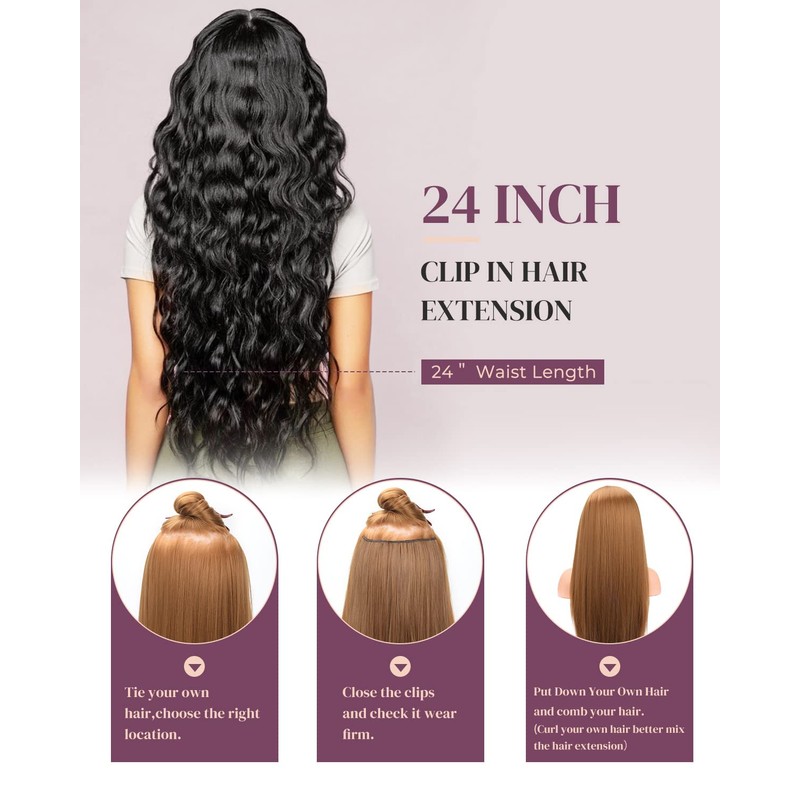 LONAI Clip In Hair Extensions, 6PCS 24" Black Hair Extensions