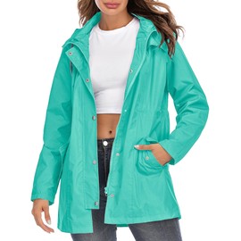 Kikibell Lightweight Raincoat for Women with Hood Windbreaker Waterproof Trench Coats for Women Fall Mint Blue M