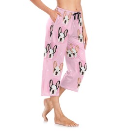 Fustylead Cute French Bulldogs and Paw Bone on A Pink Background Womens Capri Pajama Pants Sleep Bottoms with Pockets S