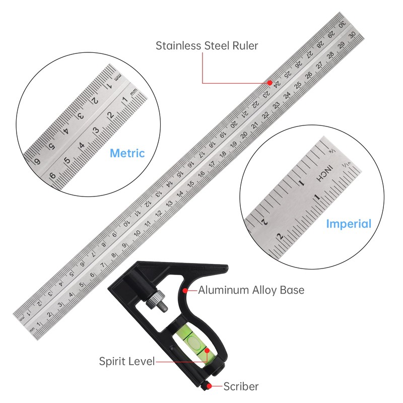 Smgda Combination Square, 12Inch/300mm Stainless Steel Combo Angle Ruler, Metric