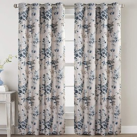 H.VERSAILTEX Linen Blackout Curtains 84 Inches Long Room Darkening Burlap Effect Linen Curtain Draperies for Living Room/Bedroom Bluestone and Taupe Vintage Classical Floral Printing Grommet 2 Panel