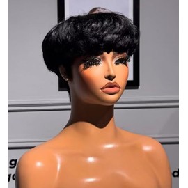 Peluca de cabello humano con corte pixie para mujeres negras, corte tazón corto, aspecto natural, 100% cabello humano real, sin pegamento, hecha a máq