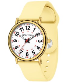 HOLSTOUR Nurse Watch for Healthcare Professionals Students Women Men Clear and Easy to Read Luminous Dial 12/24 Hour Military Time Display with Second Hand Nursing Gold Watch Yellow Silicone Band