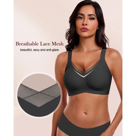 HORISUN Wireless Bras for Women, Non Wired Comfortable Seamless Support Bra Lift Full Coverage Bra Mesh Lace Deep V Plus Size Bralettes (Black 3XL)