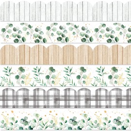 Whaline 69Ft Farmhouse Bulletin Board Borders Green Gold Eucalyptus Wood Grain Adhesive Trim Border for School Classroom Office Party Decoration