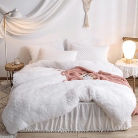 HAIHUA White Faux Fur Comforter Cover Queen Size - Fluffy Luxury Ultra Soft Plush Comforter 3 Pieces (1 Shaggy Duvet Cover + 2 Pillow Shams) Faux Fur Fuzzy Bedding Set (White, Queen)