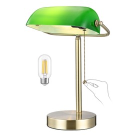 Newrays Traditional Green Glass Bankers Desk Lamp with Pull Chain Switch Plug in Fixture,LED Bulb Included