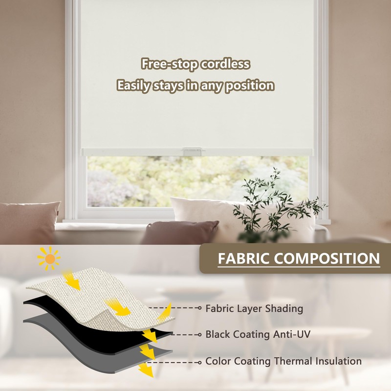 SUNOFF Cordless Blackout Roller Shades Blinds for Windows Free-Stop,Pull Down