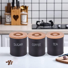 KAFINO Set of Kitchen Canister Metal Food Storage Tin With Bamboo Lid for Coffee Sugar tea Container set Kitchen organizers Counter Decor Jar HOLDS 25oz