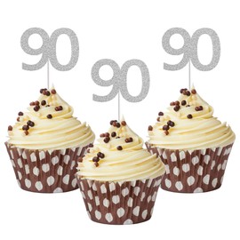 Sumerk 24PCS 90 Cupcake toppers Silver Glitter 90th Birthday Cupcake Picks Anniversary Party Decorations