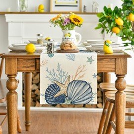 Artoid Mode Shells Starfish Coral Oceans Summer Table Runner, Seasonal Spring Kitchen Dining Table Decoration for Home Party Decor 40x240 cm