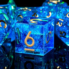 AUSTOR 7-Die DND Dice Set Handmade Sharp Edge Polyhedral Dice for Dungeons and Dragons D&D RPG MTG Table Games（Blue & Gold）